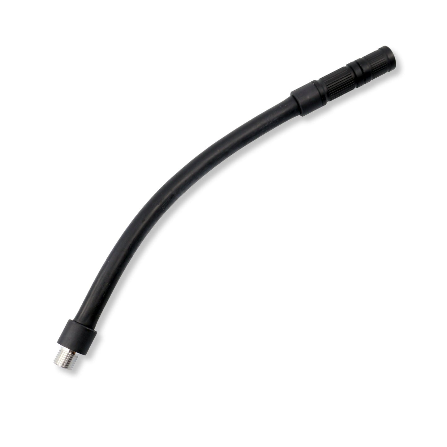 The Prestaflator GO Hose is a flexible black hose with a threaded metal connector on one end and a plastic Schrader head connector on the other, shown against a white background.