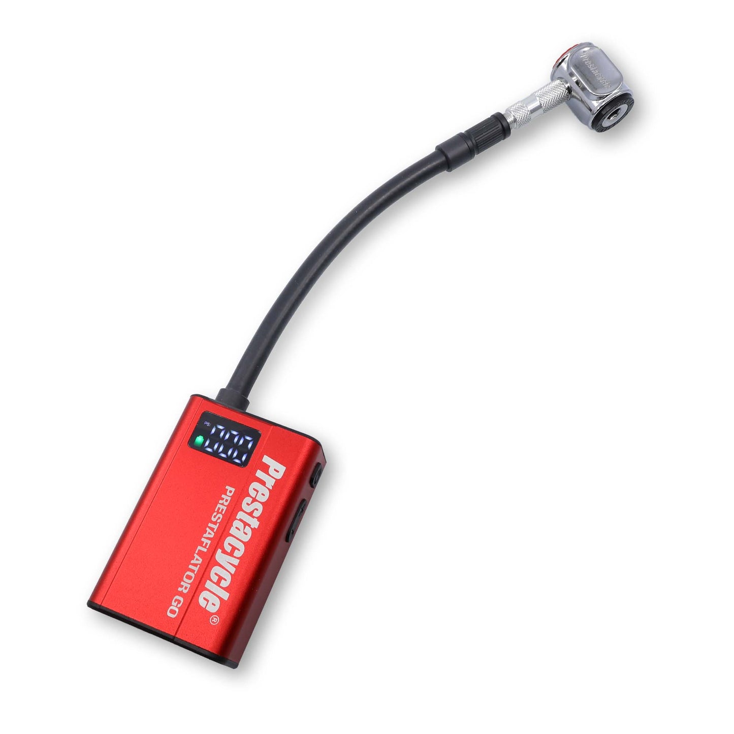 A Prestaflator GO Hose red digital tire pressure gauge with LCD display and metal Schrader head nozzle is shown against a white background.