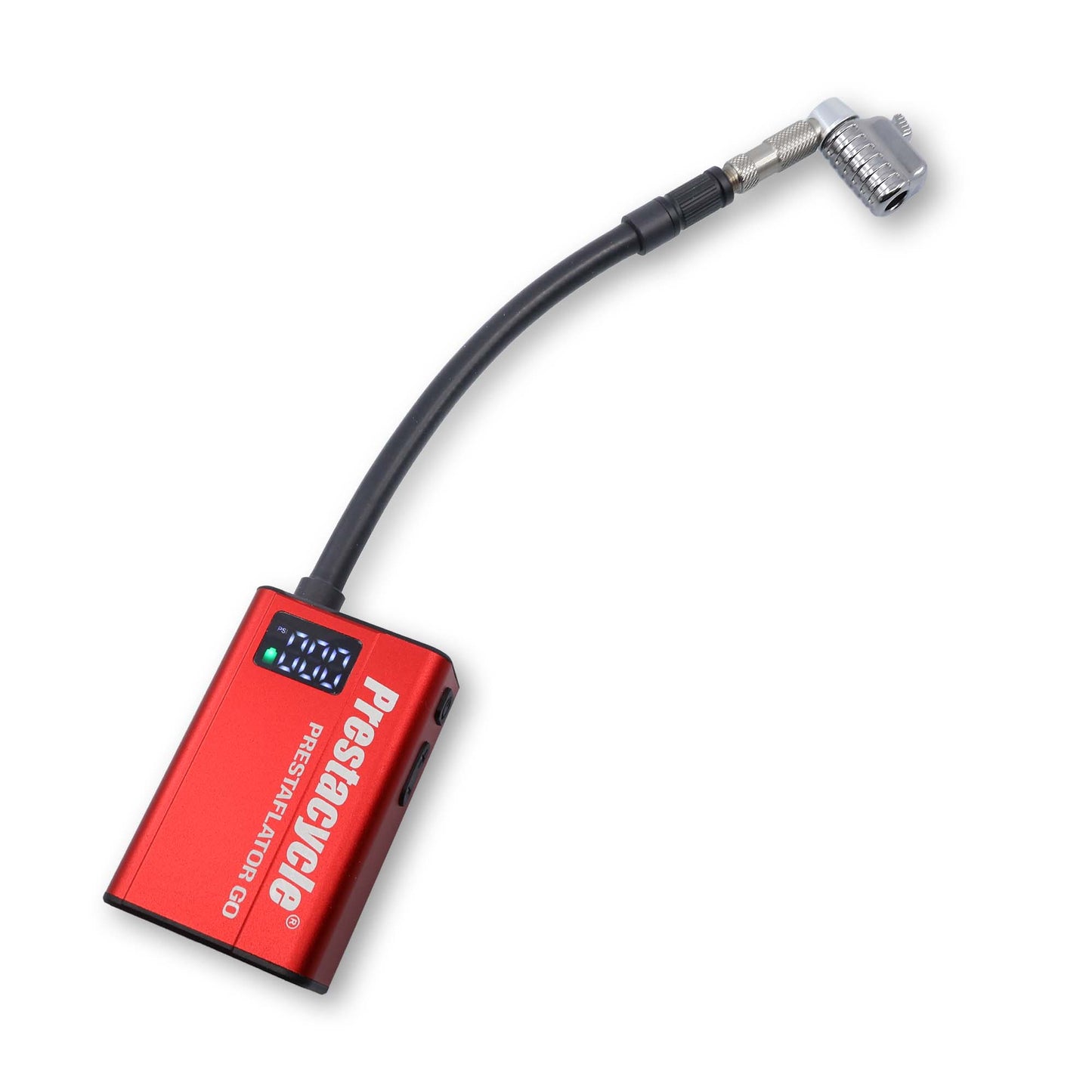 A red digital device labeled Pestcycle RESPIRATOR CO has a flexible Prestaflator GO Hose and metal sensor for measuring carbon monoxide, with the digital display showing a reading of 7.8.