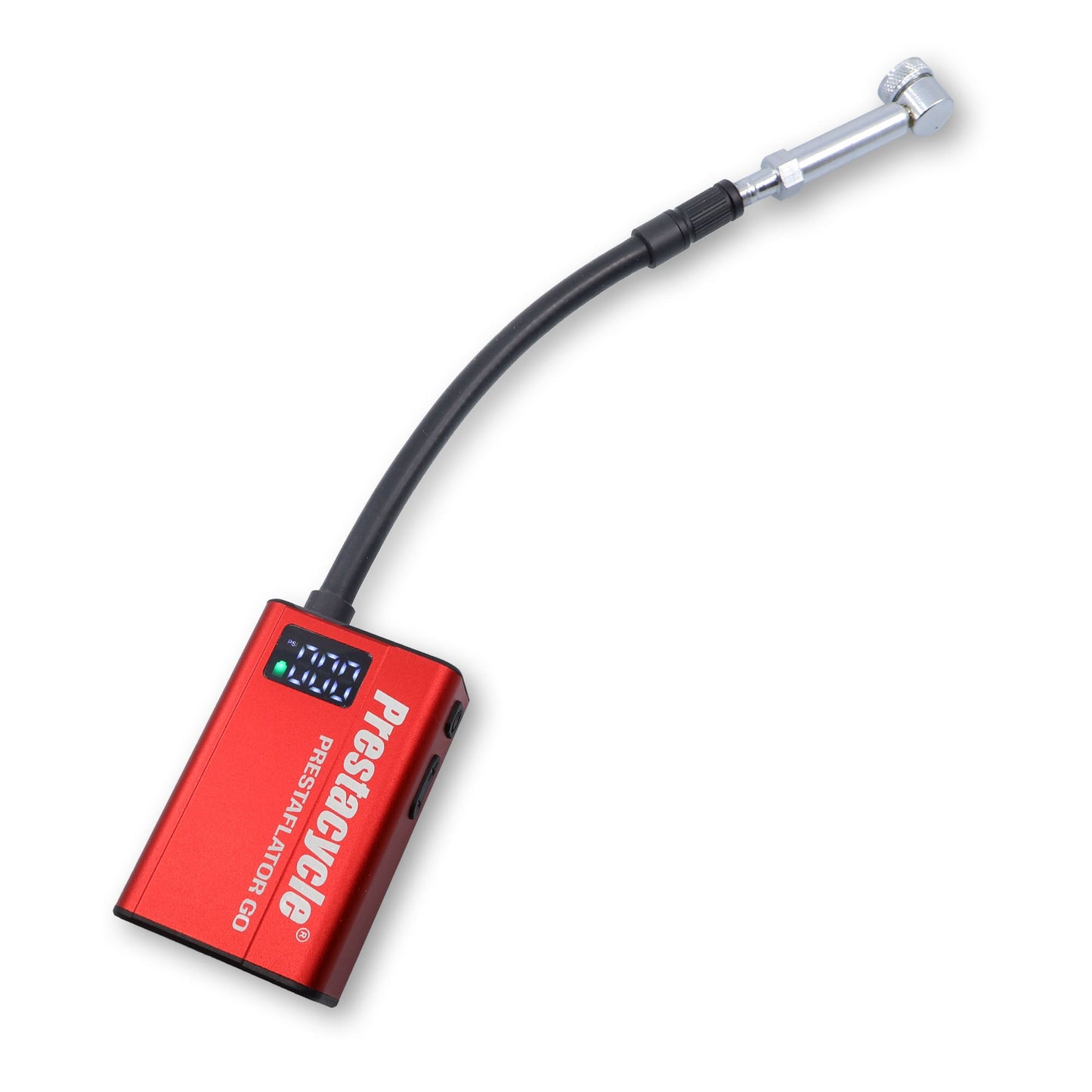 A red digital tire pressure gauge with a Prestaflator GO Hose, Schrader head, flexible black hose, metal nozzle, digital display, and Presurecue label on the side.