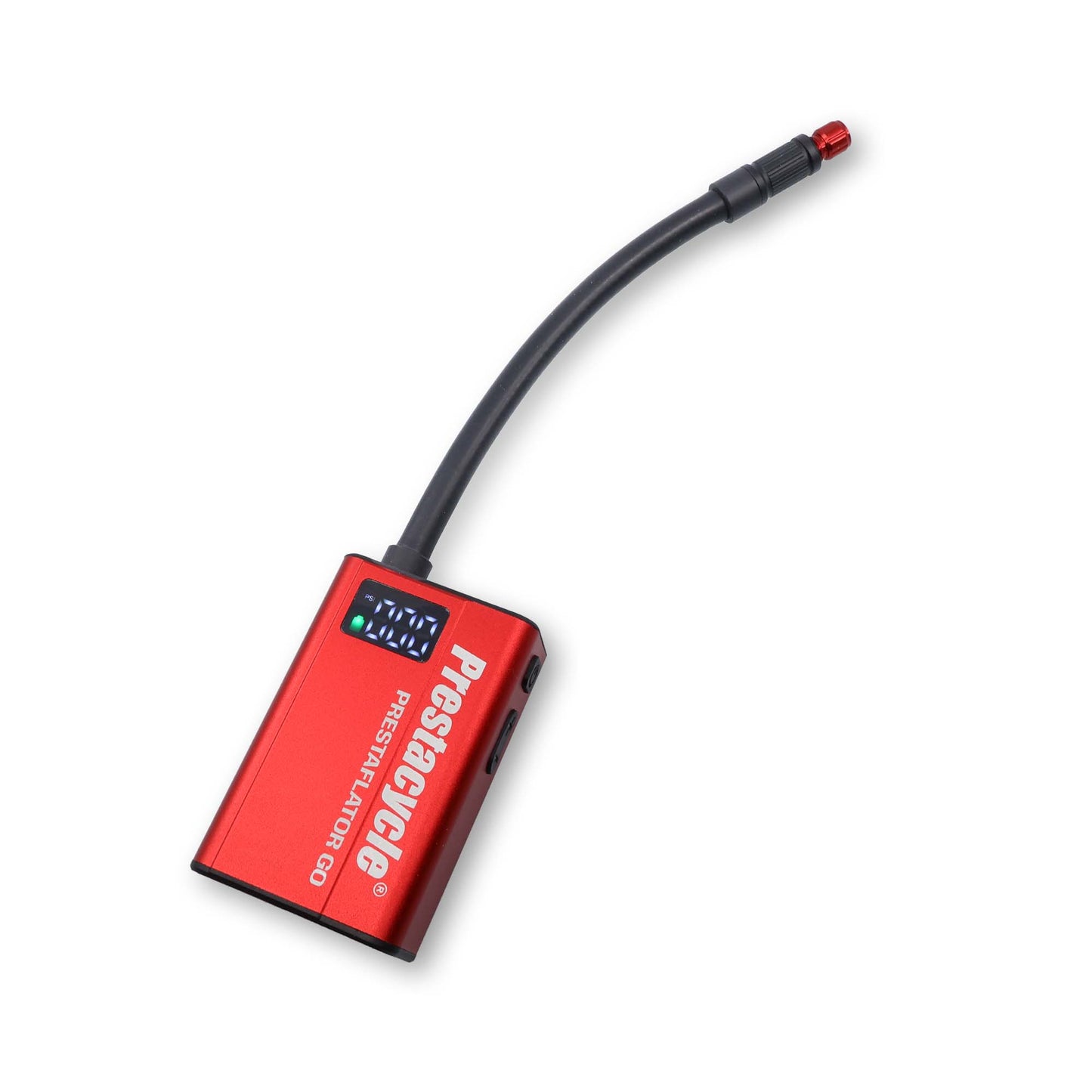 The Prestaflator GO Hose is a red digital tire pressure gauge with a flexible black hose, digital display, Schrader head, and Prestacycle branding on the main body.