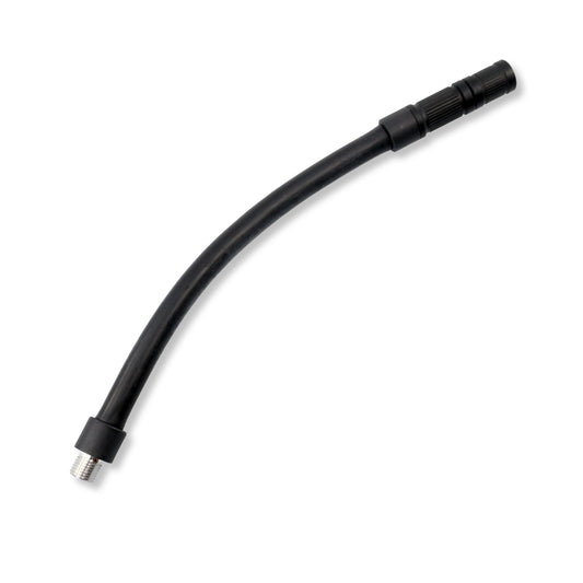 The Prestaflator GO Hose is a flexible black hose with a threaded metal connector on one end and a plastic Schrader head connector on the other, shown against a white background.