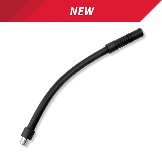 The Prestaflator GO Hose, a flexible black hose with threaded metal end and ribbed plastic connector, is displayed on a white background with a red NEW banner at the top.